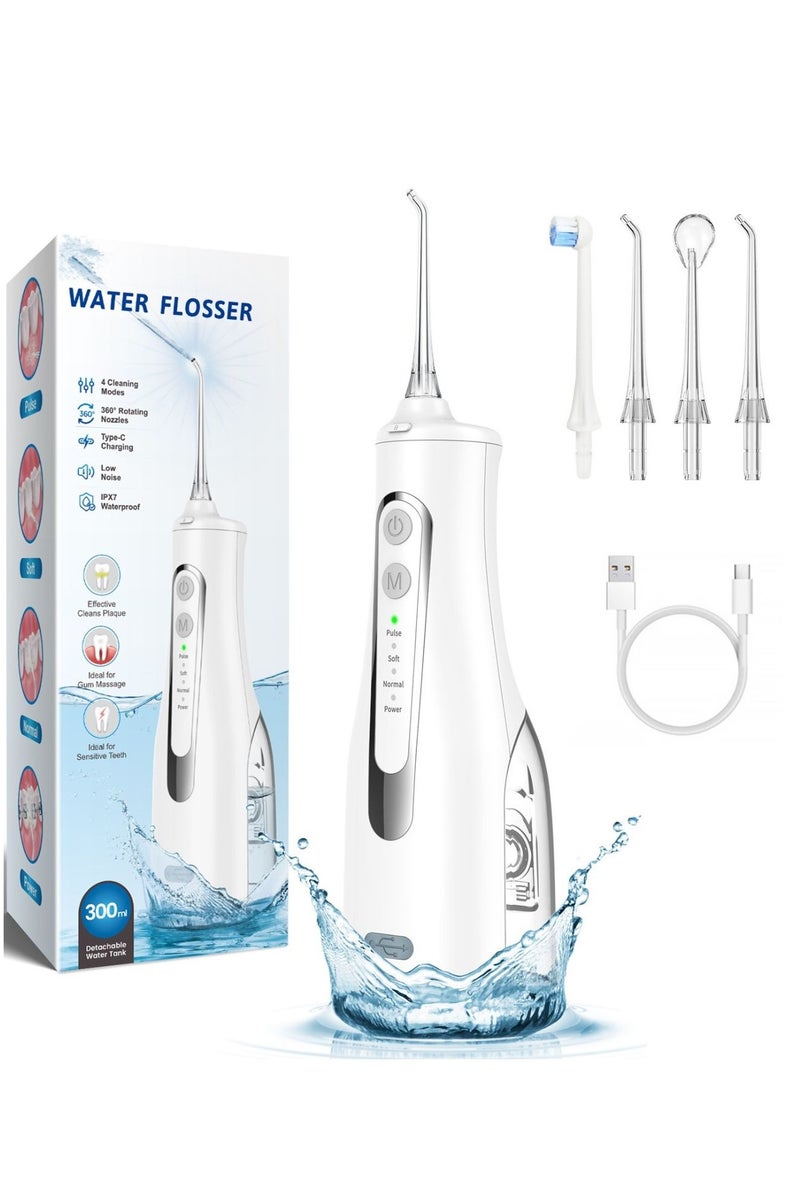 Reva Cordless Rechargeable Water Flosser – Portable IPX7 Waterproof Oral Irrigator With 360° Rotating Nozzle, 4 Modes, 4 Jet Tips & 300ml Tank – Ideal For Braces & Dental Care (White)  - Image 1