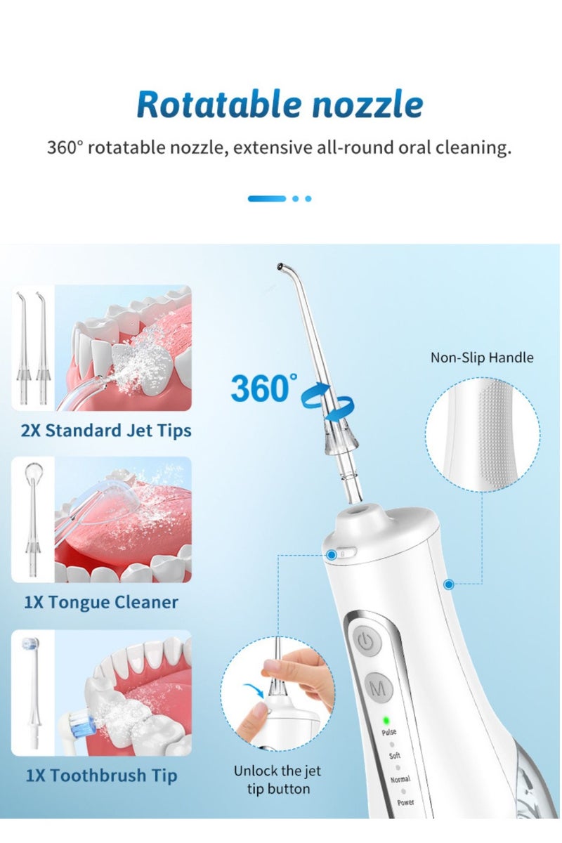 Reva Cordless Rechargeable Water Flosser – Portable IPX7 Waterproof Oral Irrigator With 360° Rotating Nozzle, 4 Modes, 4 Jet Tips & 300ml Tank – Ideal For Braces & Dental Care (White)  - Image 4