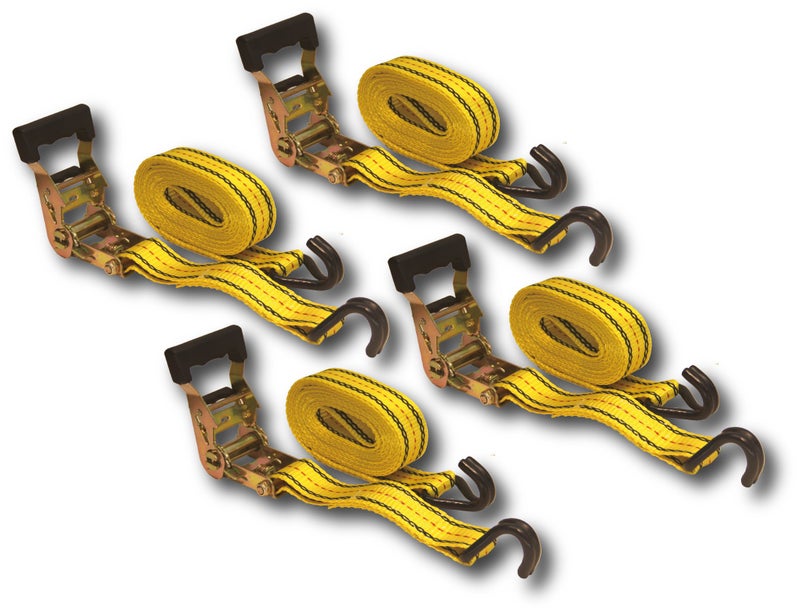 HFS(R) 4PC 1-1/2" x 15 ft Heavy Duty Ratchet Cargo Tie Down Straps 3000lbs Dual J-Hooks (Yellow) - Image 1