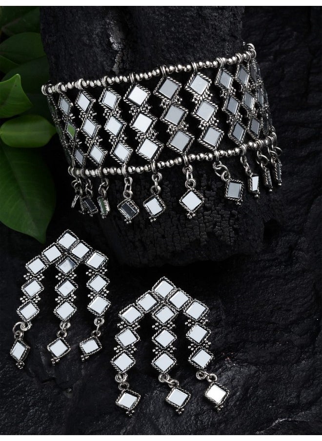 Shining Diva Fashion - Shining Diva Fashion Latest Stylish Traditional Oxidised Silver Necklace Jewellery Set for Women (12168s) - Image 1