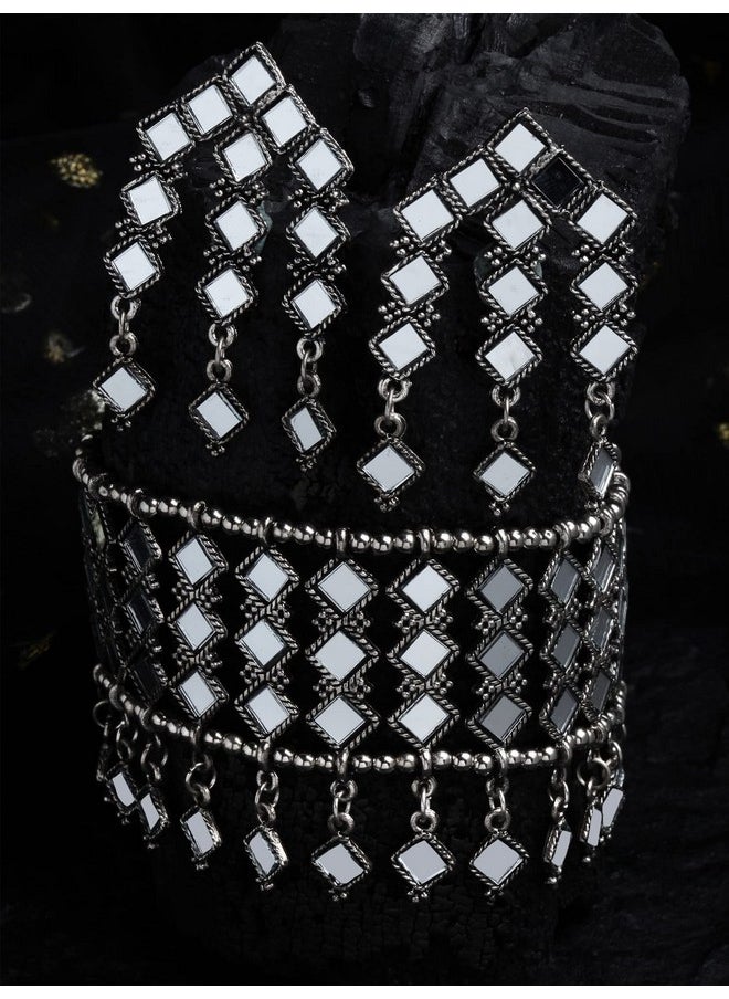 Shining Diva Fashion - Shining Diva Fashion Latest Stylish Traditional Oxidised Silver Necklace Jewellery Set for Women (12168s) - Image 1