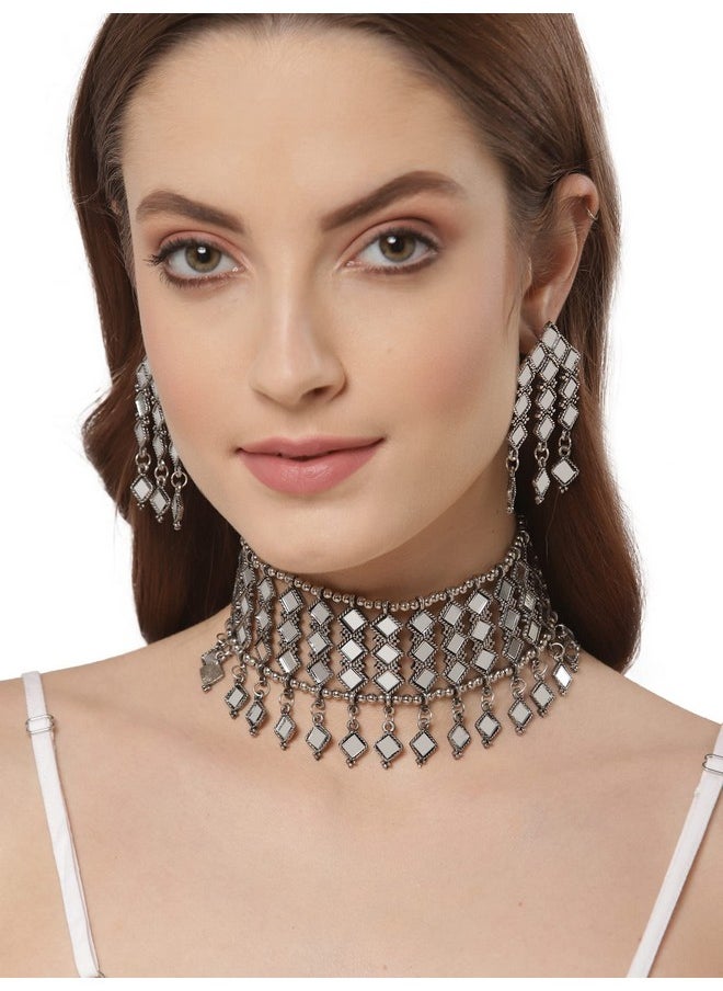 Shining Diva Fashion - Shining Diva Fashion Latest Stylish Traditional Oxidised Silver Necklace Jewellery Set for Women (12168s) - Image 1