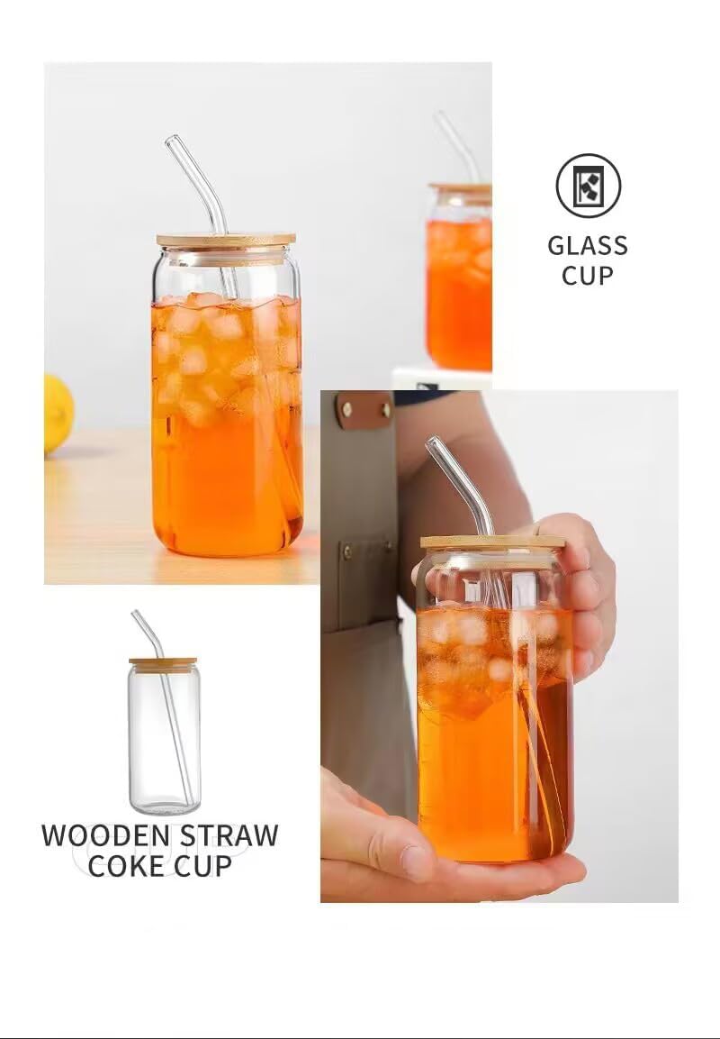 WEZOSHINET Wooden Can Shaped Glass Drinking Glass With Bamboo Lids Glass Straw Temperature Resistant Drinking Glass Tumbler Cups For BeerJuiceSodaCoffeeSmoothieCocktailPack Of 2350 ML - Image 4