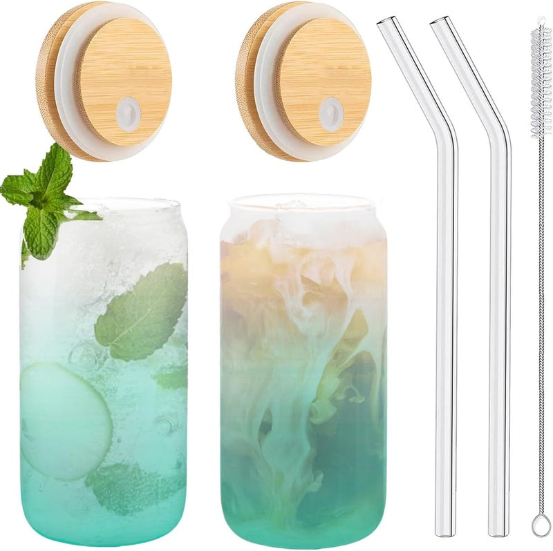 WEZOSHINET Wooden Can Shaped Glass Drinking Glass With Bamboo Lids Glass Straw Temperature Resistant Drinking Glass Tumbler Cups For BeerJuiceSodaCoffeeSmoothieCocktailPack Of 2350 ML - Image 1