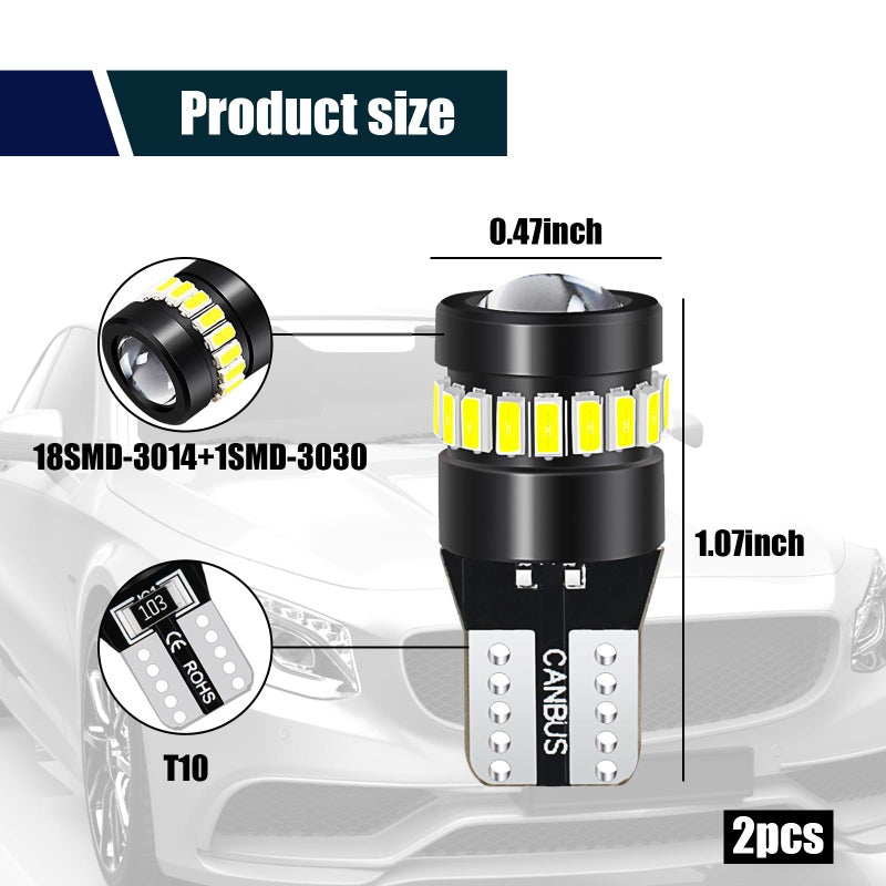 ZKFAR 2 PCS T10 LED Bulbs, 18SMD 3014 1SMD 3030 Chipset, 155 Lumens Super Bright Light 6500K White Light, Car LED Width Light Side Marker Light - Image 2