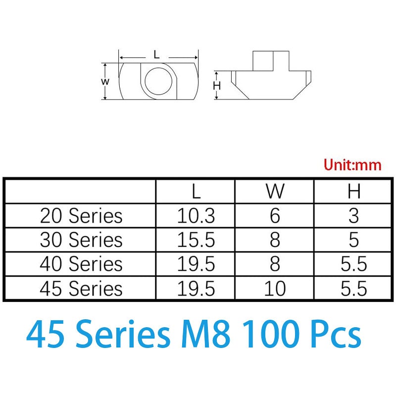 YBW 100 Pcs 4545 Series M8 T Nuts, T Slot Nut Hammer Head Fastener Nut, Nickel Plated Carbon Steel Nut for Aluminum Profile (4545 Series M8) - Image 2