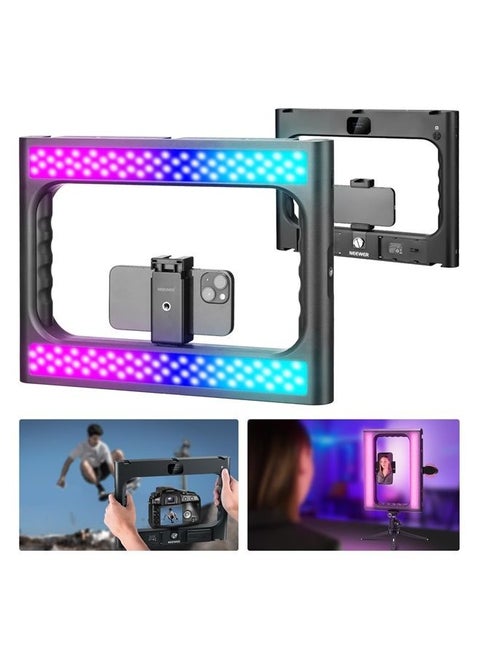 NEEWER RGB-A111 II Smartphone Video Rig with Light Kit, Support Vertical Shoot, Handheld Phone Camera Cage Stabilizer with Cold Shoes/Shutter/Battery, 17 Scenes RGB Ring Light 2500K-10000K CRI97+