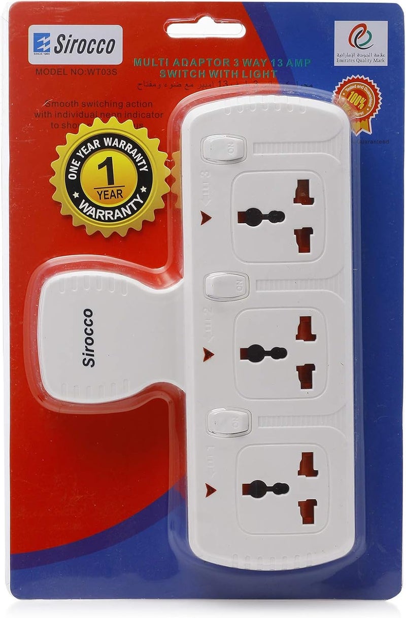Sirocco WT03S 3 Way 13 AMP Switch With Light Multi Adaptor - Image 1