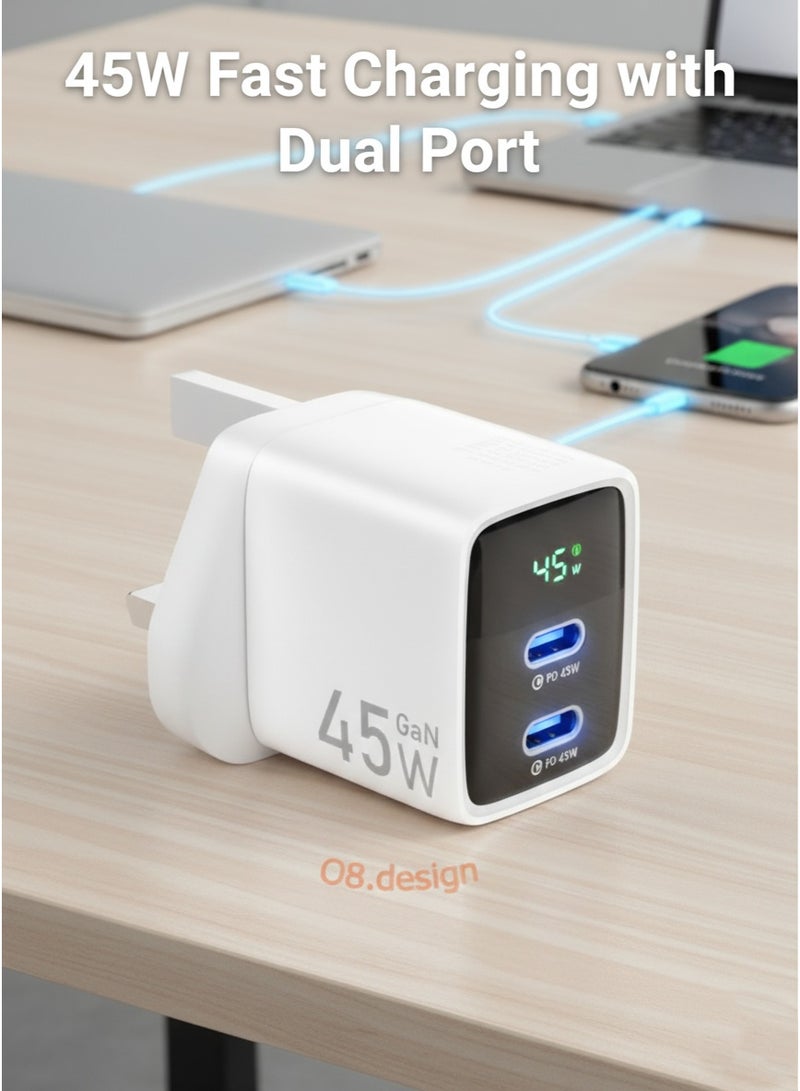 او ايت.ديزاين شاحن سريع ثنائي المنفذ بقوة ٤٥ واط | محول PD من النوع C وUSB-A | مدخل عالمي ١٠٠-٢٤٠ فولت | محول طاقة GaN صغير الحجم | أبيض - Image 2