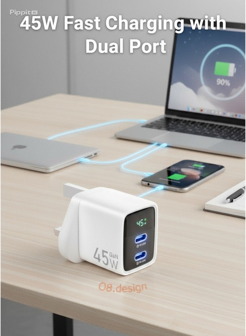 او ايت.ديزاين شاحن سريع ثنائي المنفذ بقوة ٤٥ واط | محول PD من النوع C وUSB-A | مدخل عالمي ١٠٠-٢٤٠ فولت | محول طاقة GaN صغير الحجم | أبيض - Image 1