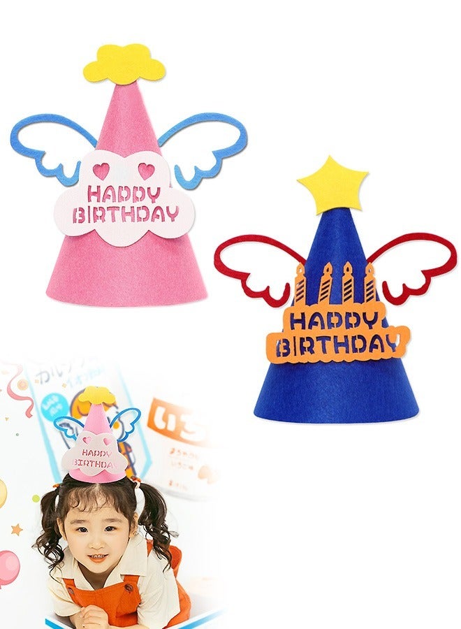 2 Pcs Birthday Party Hats Birthday Crown, Wings DIY Cone Felt Hats for Kids, Birthday Decoration for Group Activities Games (Blue+Pink) - Image 1