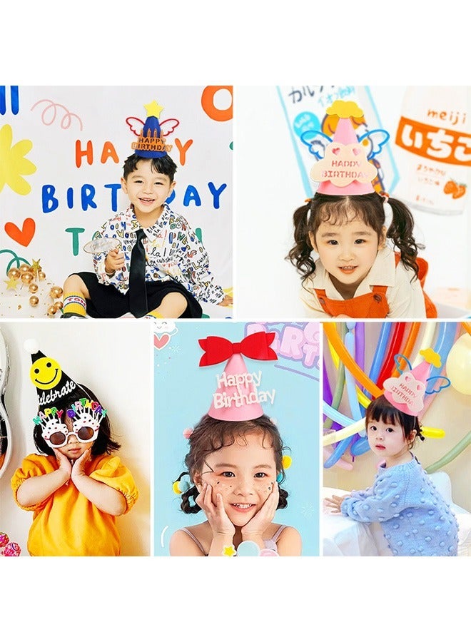 2 Pcs Birthday Party Hats Birthday Crown, Wings DIY Cone Felt Hats for Kids, Birthday Decoration for Group Activities Games (Blue+Pink) - Image 5