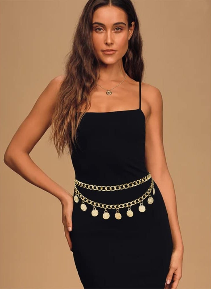 Vintage Coin Tassel Pendant Body Chain for Women, Adjustable Punk Style Waist Chain with Embossed Charm Belt, Approx. 94.5 cm Long (Gold) - Perfect for Fashionable Queens. - Image 2