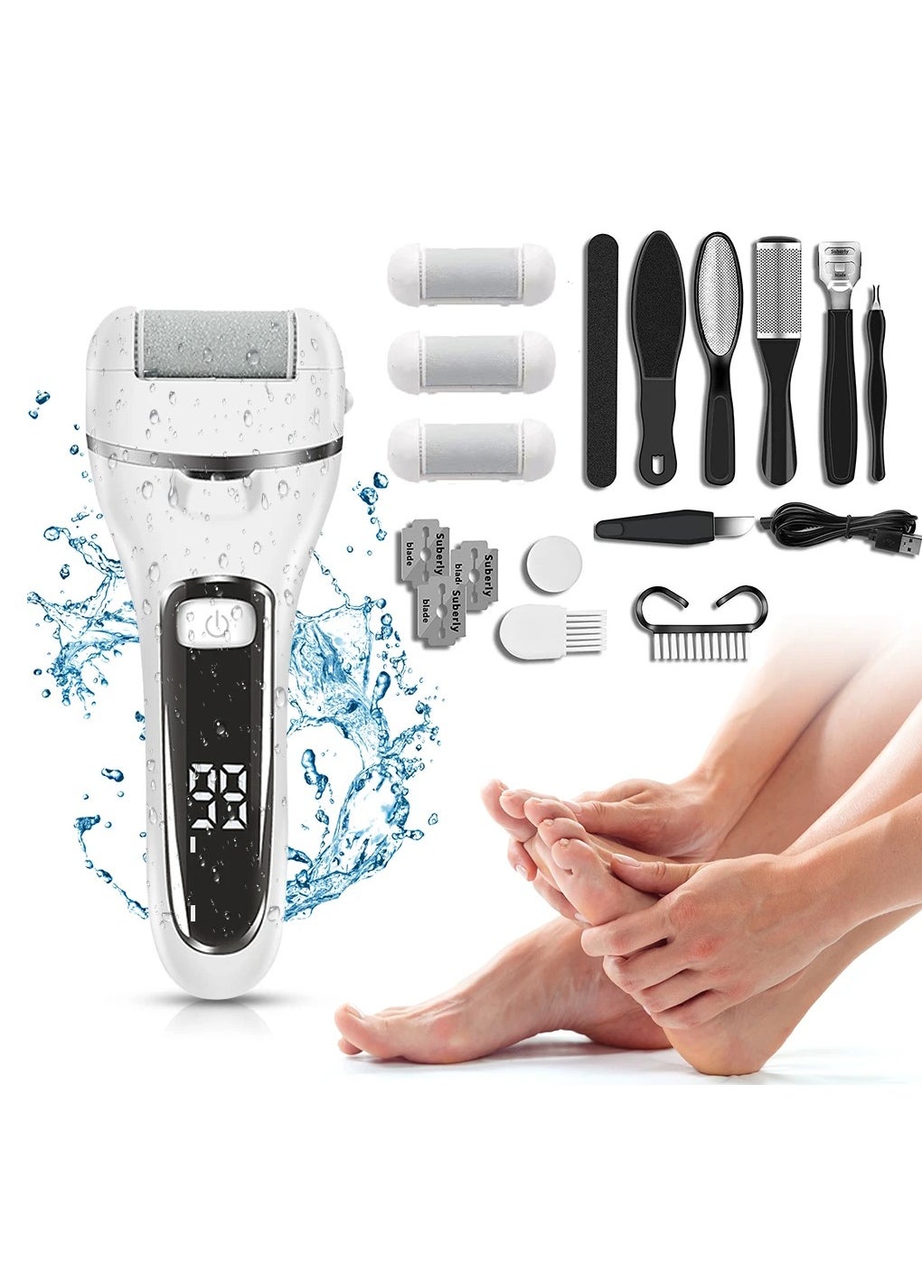 Prime by javaudan Electric Callus Remover for Feet with Rechargeable Waterproof 22 in 1 Professional Pedicure Kit Foot Care Tools Wet & Dry Foot File For Dead Skin&Cracked Heel or Rough Hand With 3 Roller Heads 2 Speed 