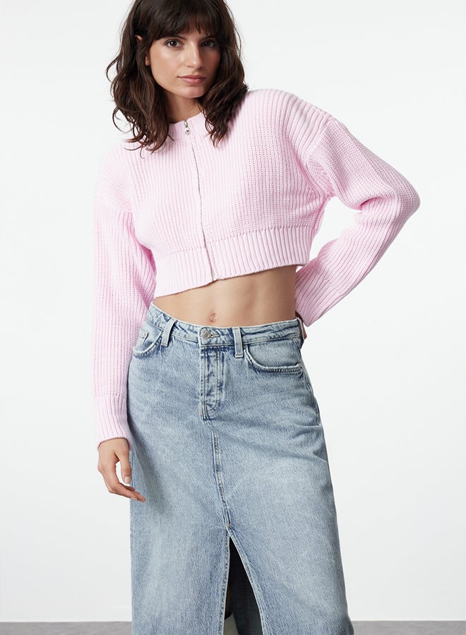trendyol Pink Crop Vatka Zipper Detailed Knitwear Cardigan - Image 1