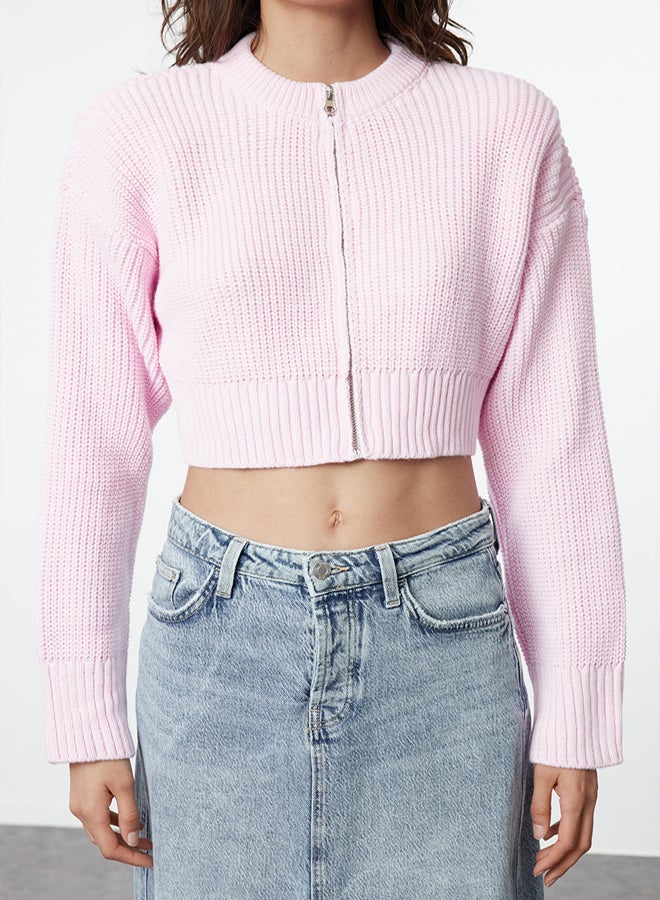 trendyol Pink Crop Vatka Zipper Detailed Knitwear Cardigan - Image 4