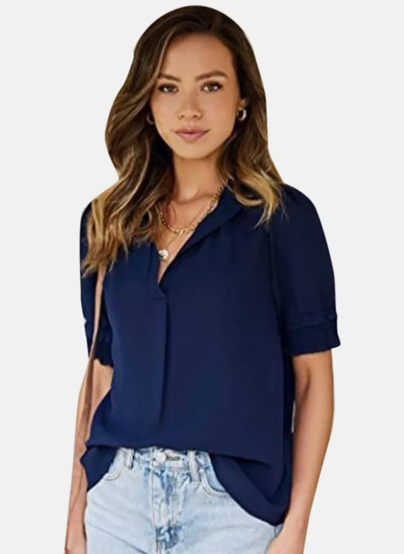 YUNIQEE Navy Blue Solid Short Sleeve V Neck Tunics
