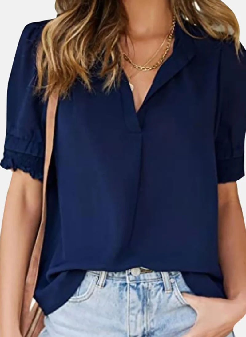 YUNIQEE Navy Blue Solid Short Sleeve V Neck Tunics