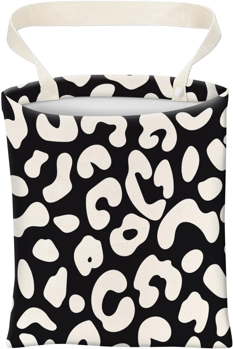 ABUIFDK Car Trash Can, Cute Car Trash Bag, Hanging Car Organizer and Storage Bag, Trash Bin for Car Accessories, Vehicle, Travelling, Camping Black White Leopard - Image 1