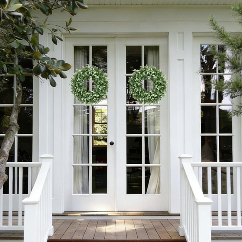 SEVENLOVE 15inch Boxwood Wreath,Artificial Boxwood Wreath for Front Door, Spring Summer Greenery Wreaths for Front Door Farmhouse Wedding Green Year Round Indoor Outdoor - Image 2