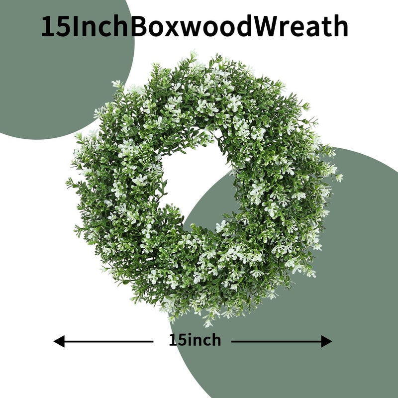 SEVENLOVE 15inch Boxwood Wreath,Artificial Boxwood Wreath for Front Door, Spring Summer Greenery Wreaths for Front Door Farmhouse Wedding Green Year Round Indoor Outdoor - Image 5