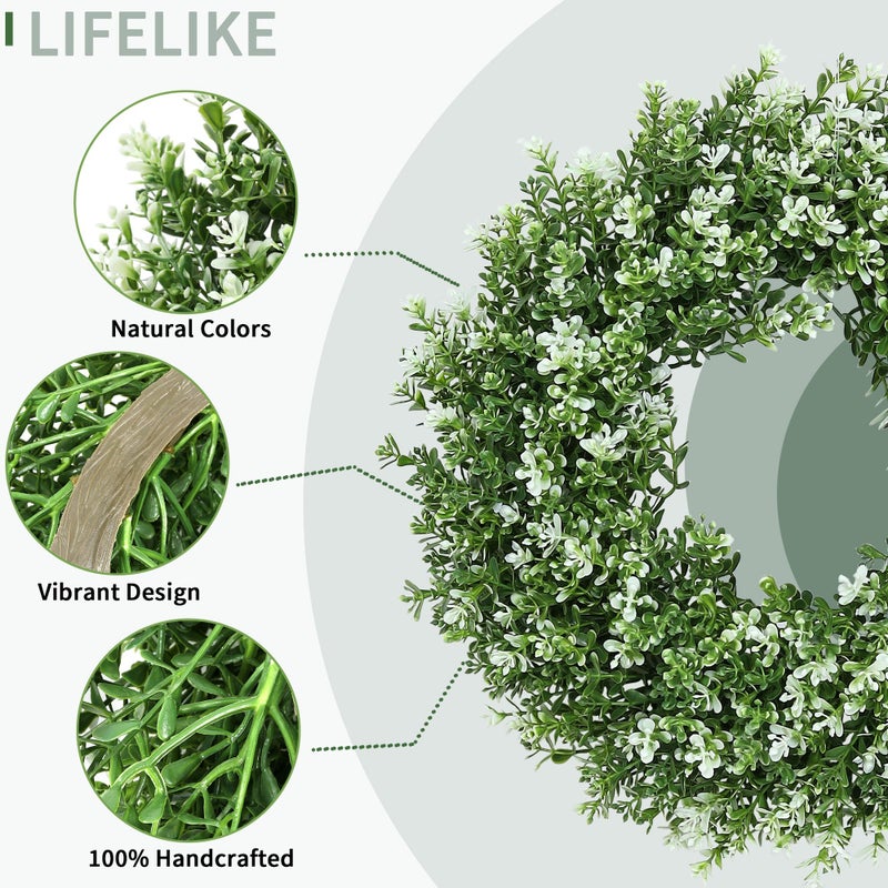 SEVENLOVE 15inch Boxwood Wreath,Artificial Boxwood Wreath for Front Door, Spring Summer Greenery Wreaths for Front Door Farmhouse Wedding Green Year Round Indoor Outdoor - Image 3
