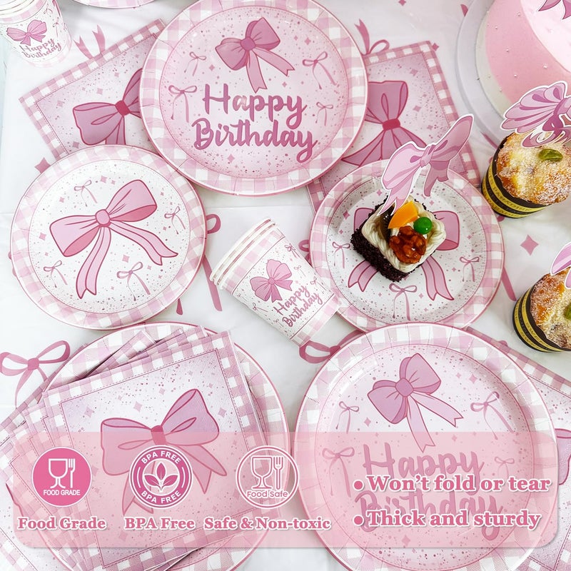 Haimimall Pink Bow Birthday Decorations, Coquette Birthday Party Decorations Includes Pink Bow Plates and Napinks Cups Happy Banner Ballons for Girls Party Supplies, Serve 20 - Image 3