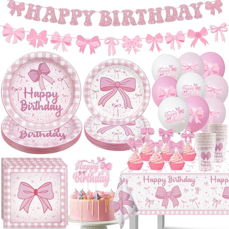 Haimimall Pink Bow Birthday Decorations, Coquette Birthday Party Decorations Includes Pink Bow Plates and Napinks Cups Happy Banner Ballons for Girls Party Supplies, Serve 20 - Image 1