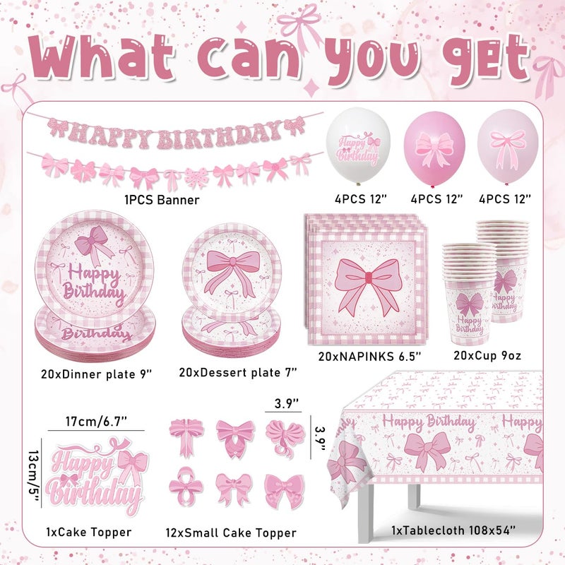 Haimimall Pink Bow Birthday Decorations, Coquette Birthday Party Decorations Includes Pink Bow Plates and Napinks Cups Happy Banner Ballons for Girls Party Supplies, Serve 20 - Image 2