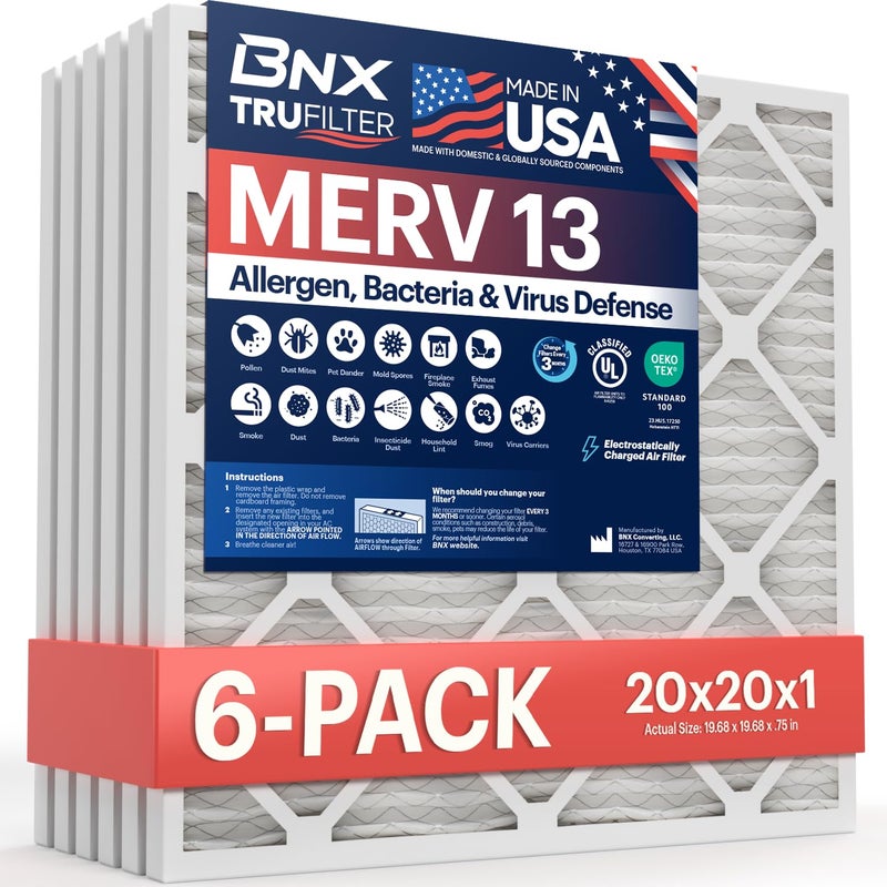 BNX TruFilter 20x20x1 Air Filter MERV 13 (6-Pack) - MADE IN USA - Electrostatic Pleated Air Conditioner HVAC AC Furnace Filters for Allergies, Pollen, Mold, Bacteria, Smoke, Allergen, MPR 1900 FPR 10 - Image 1