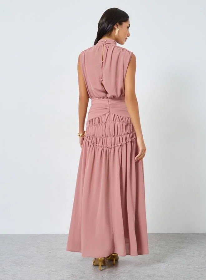 Styli dusty rose Pink Pleating Waist Sleeveless Maxi Dress for Women | Best Price UAE
