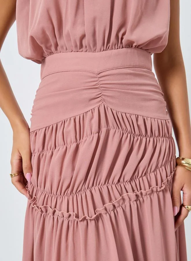 Styli dusty rose Pink Pleating Waist Sleeveless Maxi Dress for Women | Best Price UAE