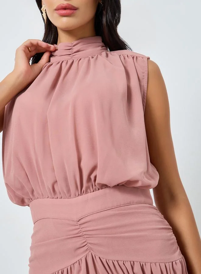 Styli dusty rose Pink Pleating Waist Sleeveless Maxi Dress for Women | Best Price UAE