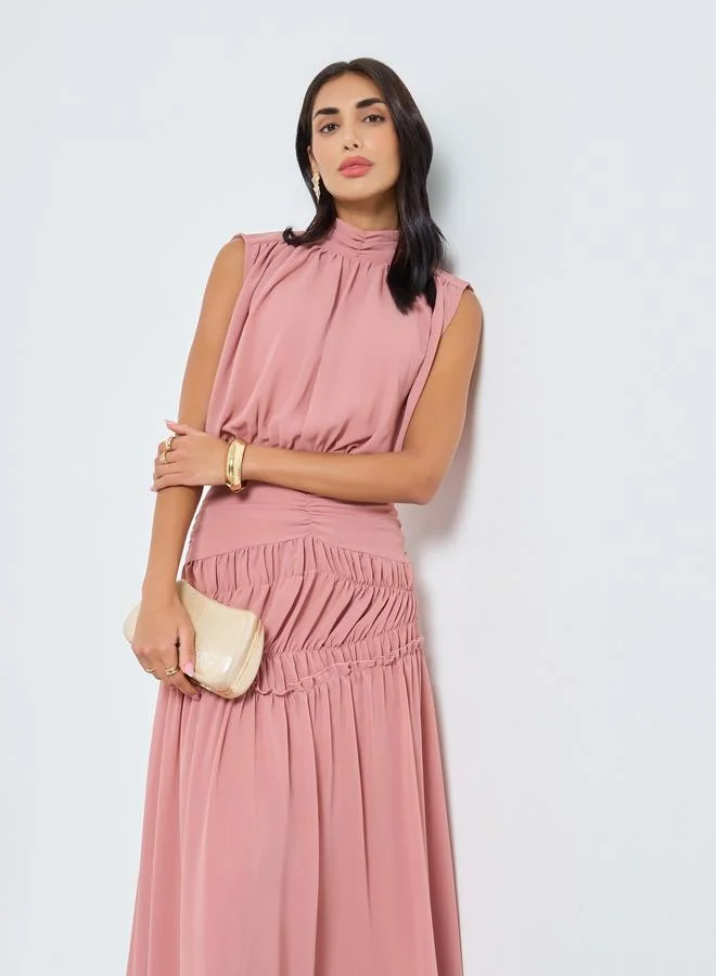 Styli dusty rose Pink Pleating Waist Sleeveless Maxi Dress for Women | Best Price UAE