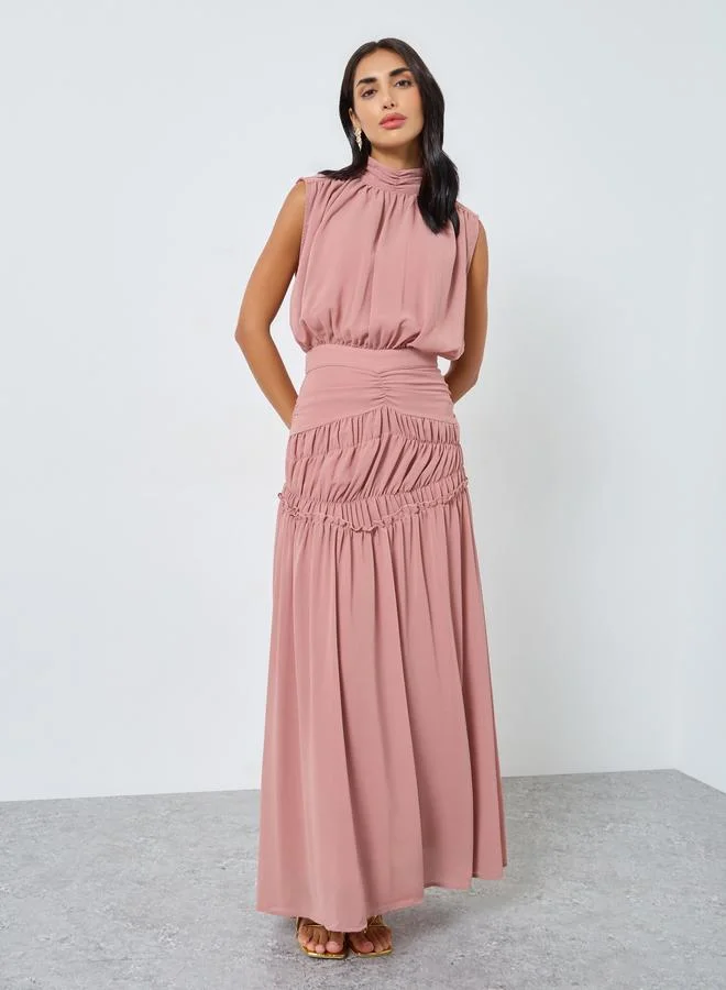 Styli Pink Pleating Waist Sleeveless Maxi Dress