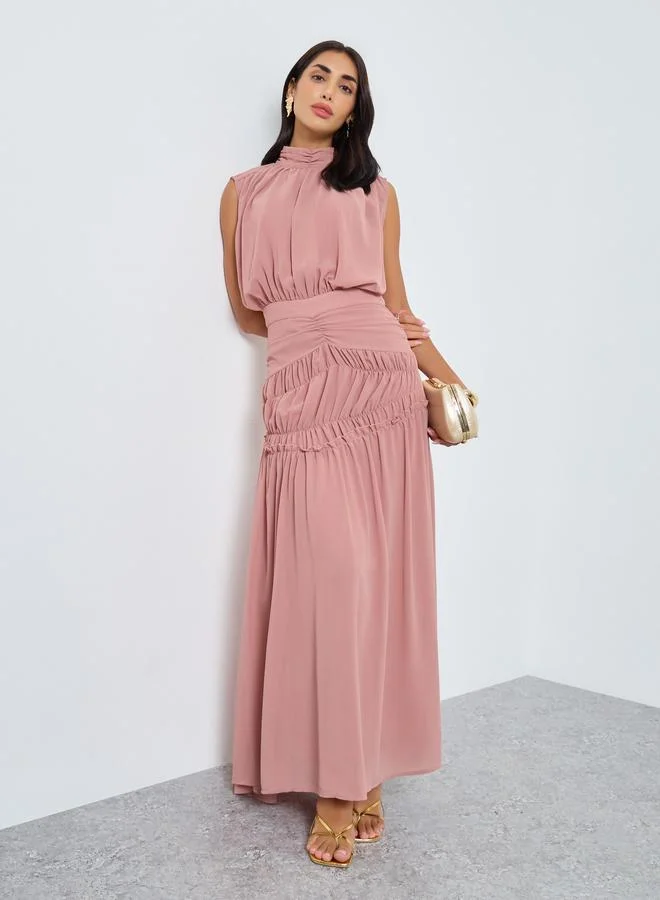 Styli Pink Pleating Waist Sleeveless Maxi Dress