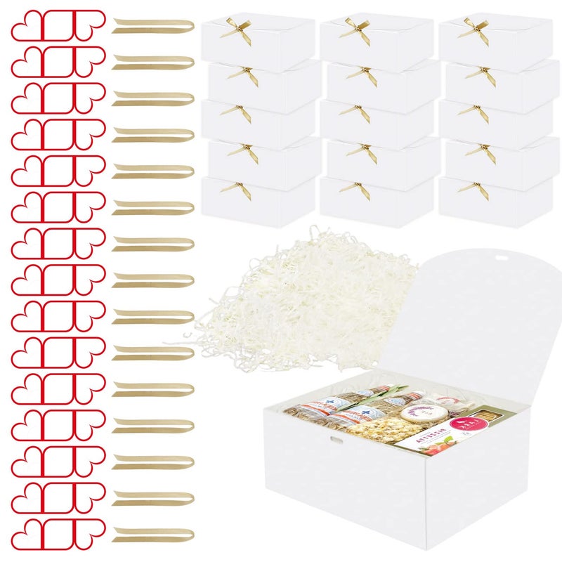 HUAPRINT 46PCS Gift Boxes Set 15 White Gift Boxes with Lids 10x8x4 Inches for Wedding PresentProposalEngagementsGroomsmenContain 15 Boxes 15 Greeting CardsPaper Shred Filler15 Ribbons