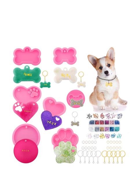 Dog Bone Shaped Keychain Silicone Resin Molds Set Heart Cat Paw Mold Dog Tag Charm Resin Molds with 10Pcs Blank Keychains Small Letters DIY Crafts Making Keychain Molds Silicone Kit 7 pcs