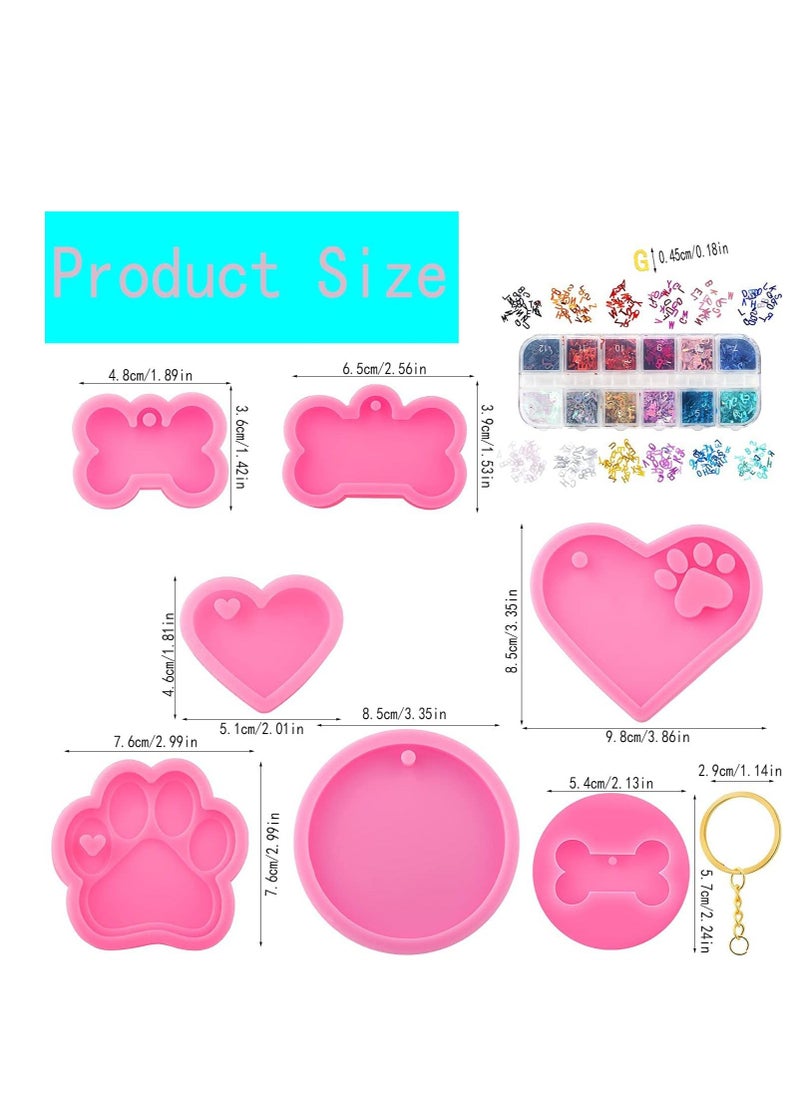 Dog Bone Shaped Keychain Silicone Resin Molds Set Heart Cat Paw Mold Dog Tag Charm Resin Molds with 10Pcs Blank Keychains Small Letters DIY Crafts Making Keychain Molds Silicone Kit 7 pcs