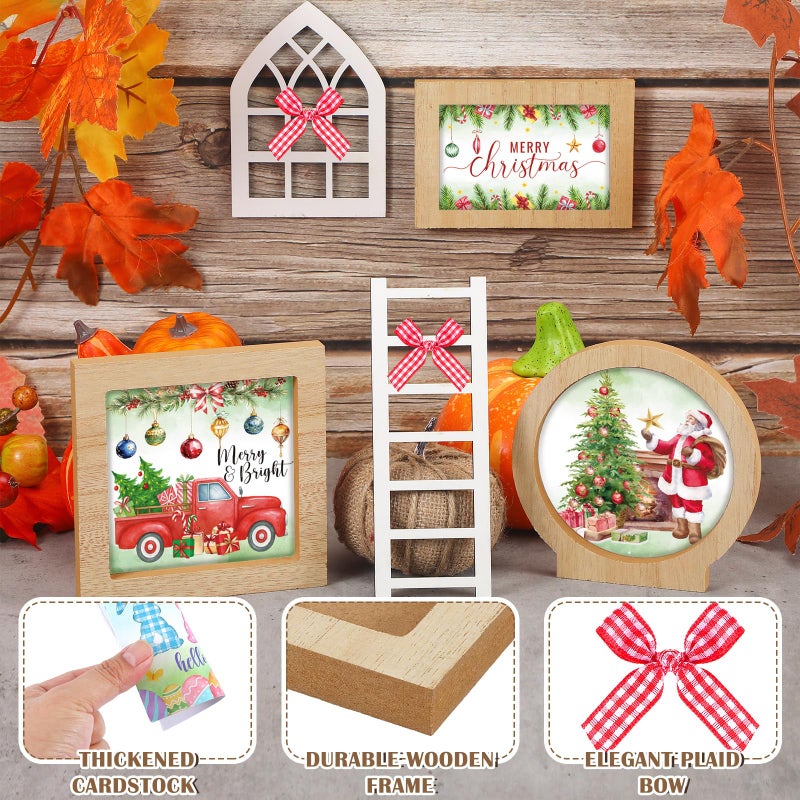 GlikCeil 95 Pcs Interchangeable All Season Tiered Tray Decor Set Farmhouse Holiday Decorations Wooden Frames Ladders with Season Cards Bows for Home Kitchen Valentine Easter Mardi Gras Spring Summer - Image 4