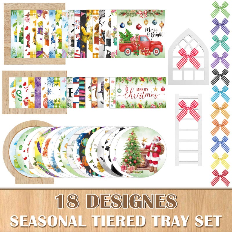 GlikCeil 95 Pcs Interchangeable All Season Tiered Tray Decor Set Farmhouse Holiday Decorations Wooden Frames Ladders with Season Cards Bows for Home Kitchen Valentine Easter Mardi Gras Spring Summer - Image 5