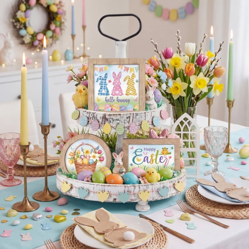 GlikCeil 95 Pcs Interchangeable All Season Tiered Tray Decor Set Farmhouse Holiday Decorations Wooden Frames Ladders with Season Cards Bows for Home Kitchen Valentine Easter Mardi Gras Spring Summer - Image 2