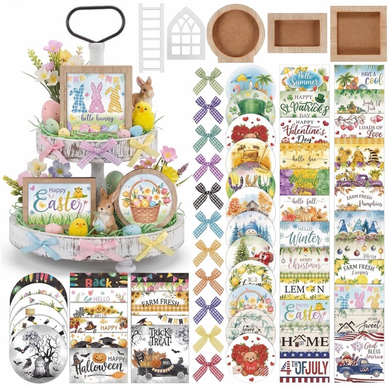 GlikCeil 95 Pcs Interchangeable All Season Tiered Tray Decor Set Farmhouse Holiday Decorations Wooden Frames Ladders with Season Cards Bows for Home Kitchen Valentine Easter Mardi Gras Spring Summer - Image 1