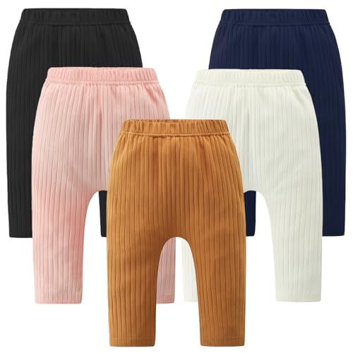 Fullfamous Newborn Infant Baby Girl Pants Cotton Ribbed 5 Pack Leggings Clothing Outfits Clothes BlackWhiteNavyPinkMustard Yellow for 03 36 Months - Image 1