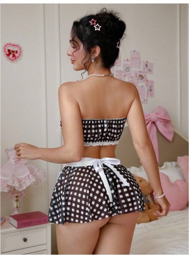 2-Piece Gingham Maid Lingerie Outfit, Strapless Lace-Up Bandeau + Ruffled Skirt with Apron, Cute  Costume - Image 2