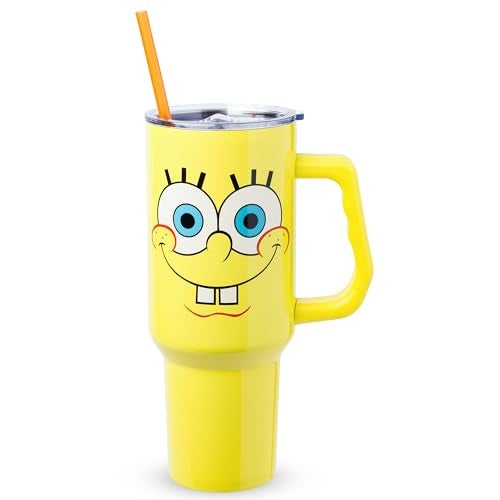 Silver Buffalo SpongeBob SquarePants Stainless Steel Tumbler with Handle, Fits in Standard Cup Holder, 40 Ounces - Image 1