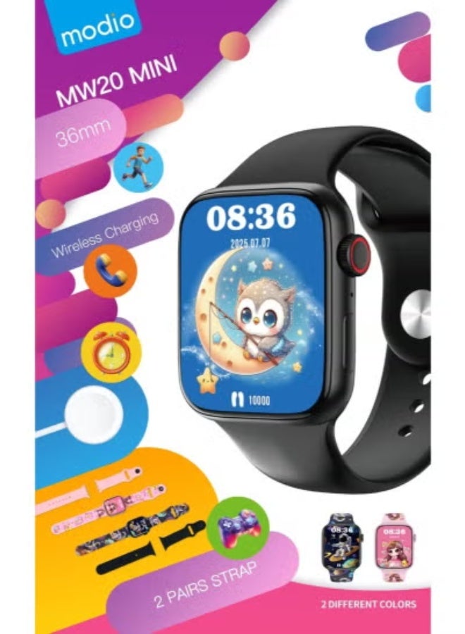 modio MW20 Mini Kids Smartwatch with 36mm Display, Wireless Charging & 2 Interchangeable Straps – Fun Educational Fitness Tracker with Step Counter, Alarm & Safe Durable Design – Blue - Image 2