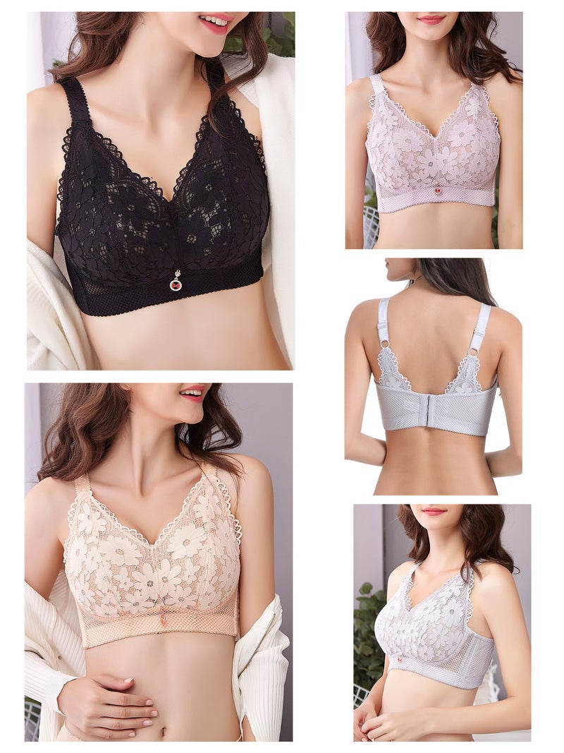 Floral Lace Bra: 34D Black Nylon Spandex Sheer Padless Wirefree Design - Breathable Wide Mesh Side Wings Adjustable Straps Back Closure for Daily Wear - Image 5