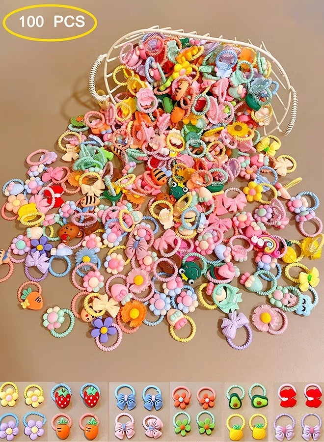 Happy D 100 Baby Hairbands, Girls Hairbands Cartoon Elastic Hairbands, Cute Flower Elastic Toddler Hairbands, Cute Cartoon Small Hairbands for Toddler Girls, Colorful Elastic Ponytail Hairbands, 0.8 Inch Diameter, No Damage Seamless Soft Hair Accessories, Children's Gifts - Image 1