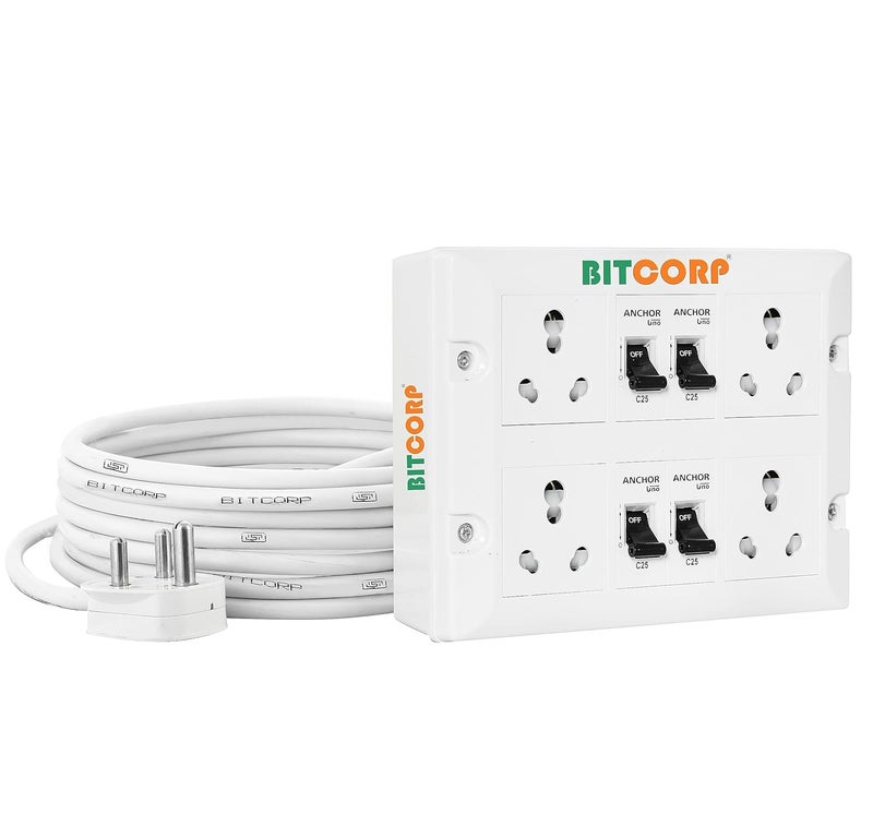 Bitcorp Electric Extension Cord for Multiple Small and Heavy Duty Appliances 16A 20A 25A 4 Socket 4 Mcb Mcb High Power Wattage 6000W Power Strip with 1 Meter Long Length Wire Plug White - Image 1